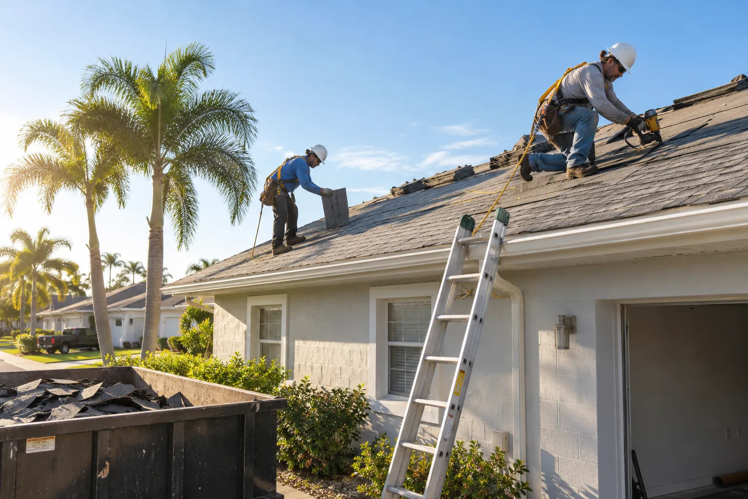 A local provider's crew installing new shingles on a home roof near Treasure Island